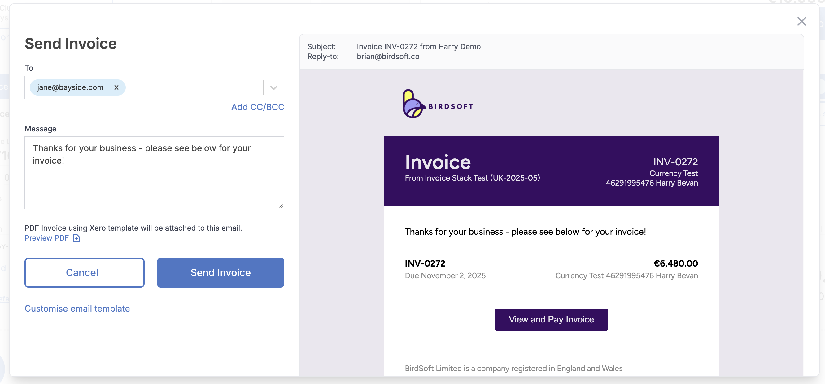 Sending invoice window