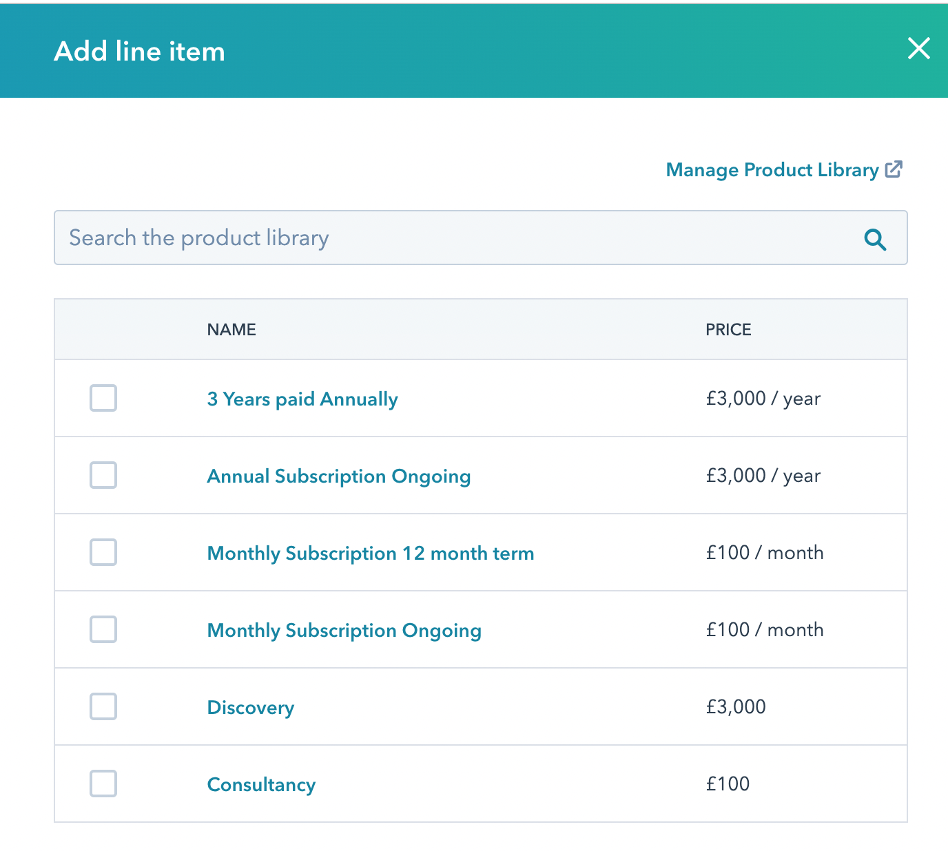 Screenshot of HubSpot product library