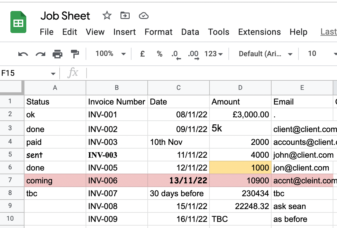 Invoicing spreadsheet