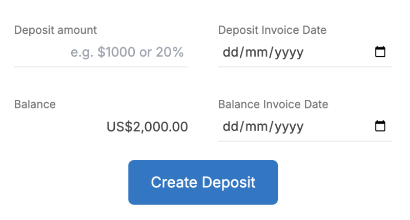 Zoom in of deposit invoice options