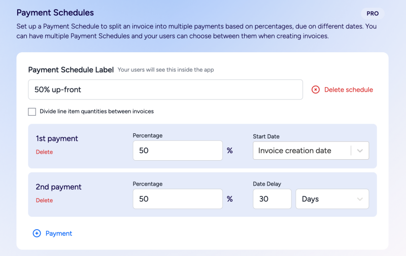 Payment Schedules settings screen
