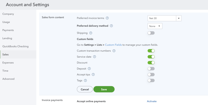 Account and settings for QBO